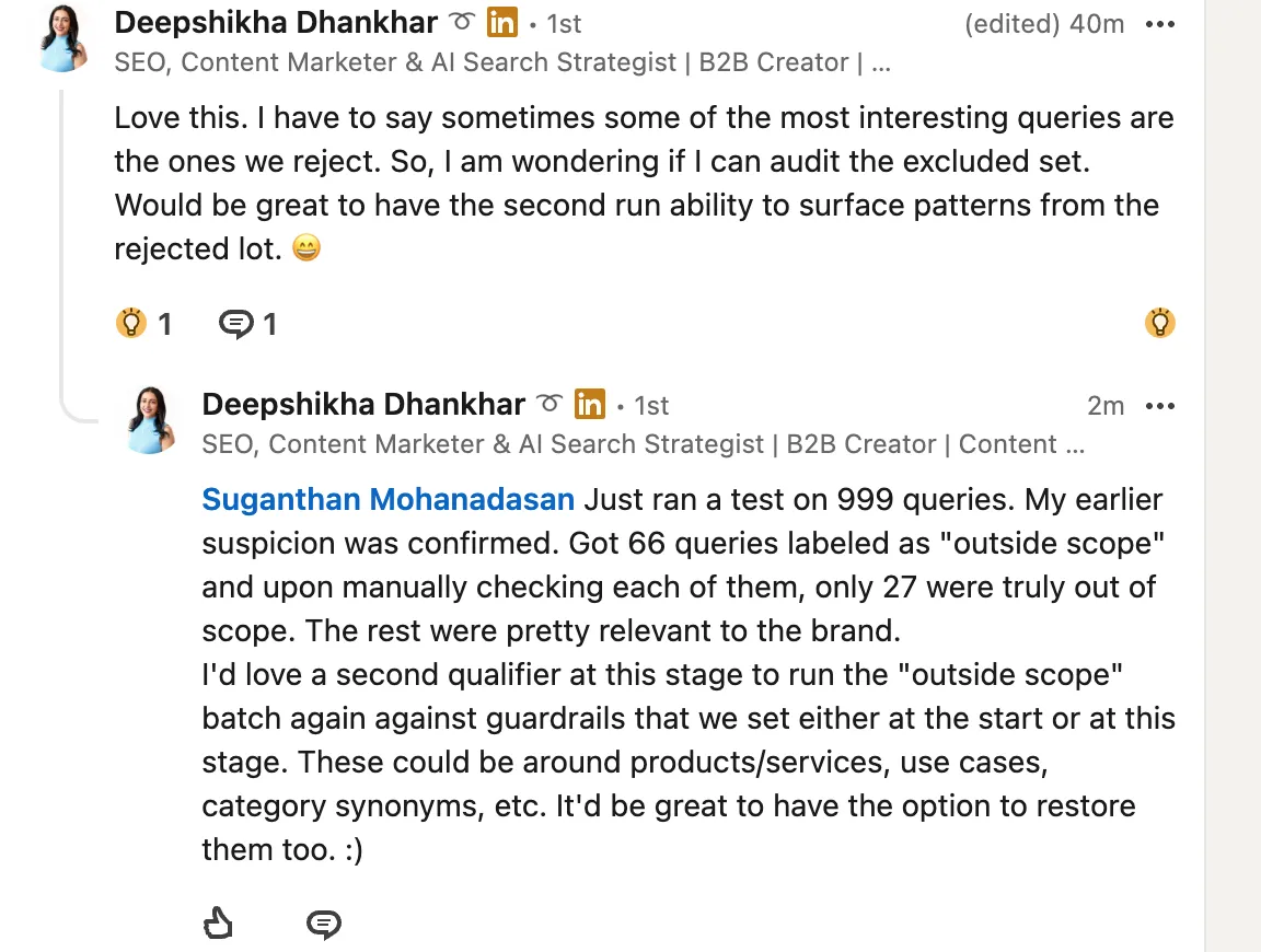 Two LinkedIn comments by Deepshikha Dhankhar on the launch post. The second reports 66 outside scope labels on 999 queries, with 27 truly out of scope.