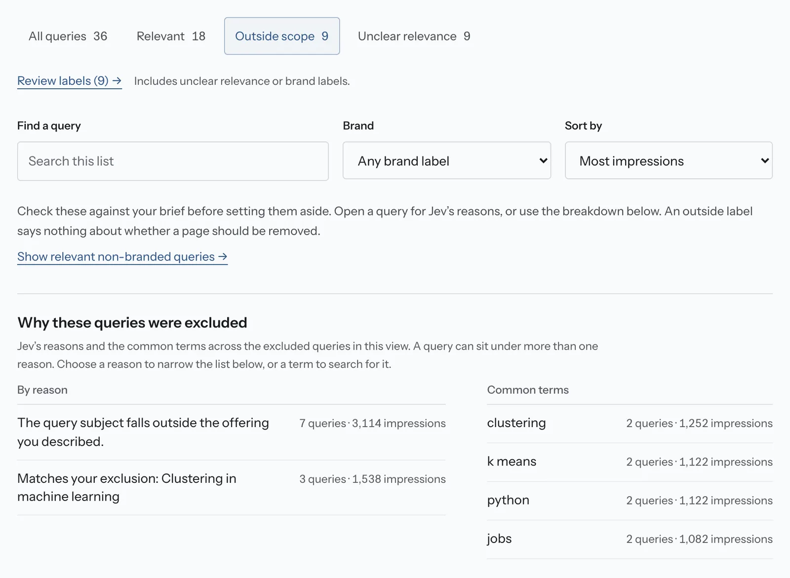 The Outside scope view for the example file, showing two of Jev’s reasons with query counts and impressions, and four shared terms