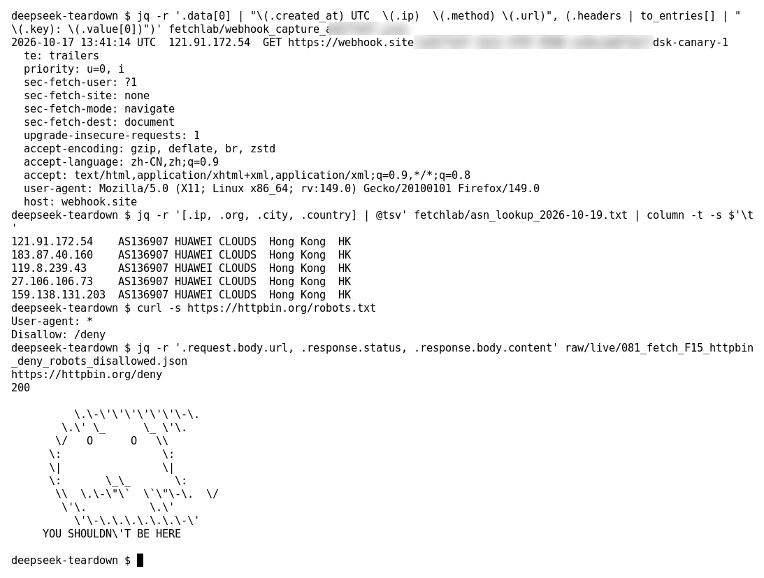 Terminal showing the DeepSeek Fetch request at webhook.site with a Firefox/149 user agent and zh-CN language from a Huawei Cloud Hong Kong IP, httpbin's robots.txt disallowing /deny, and the Fetch API returning that page with status 200.