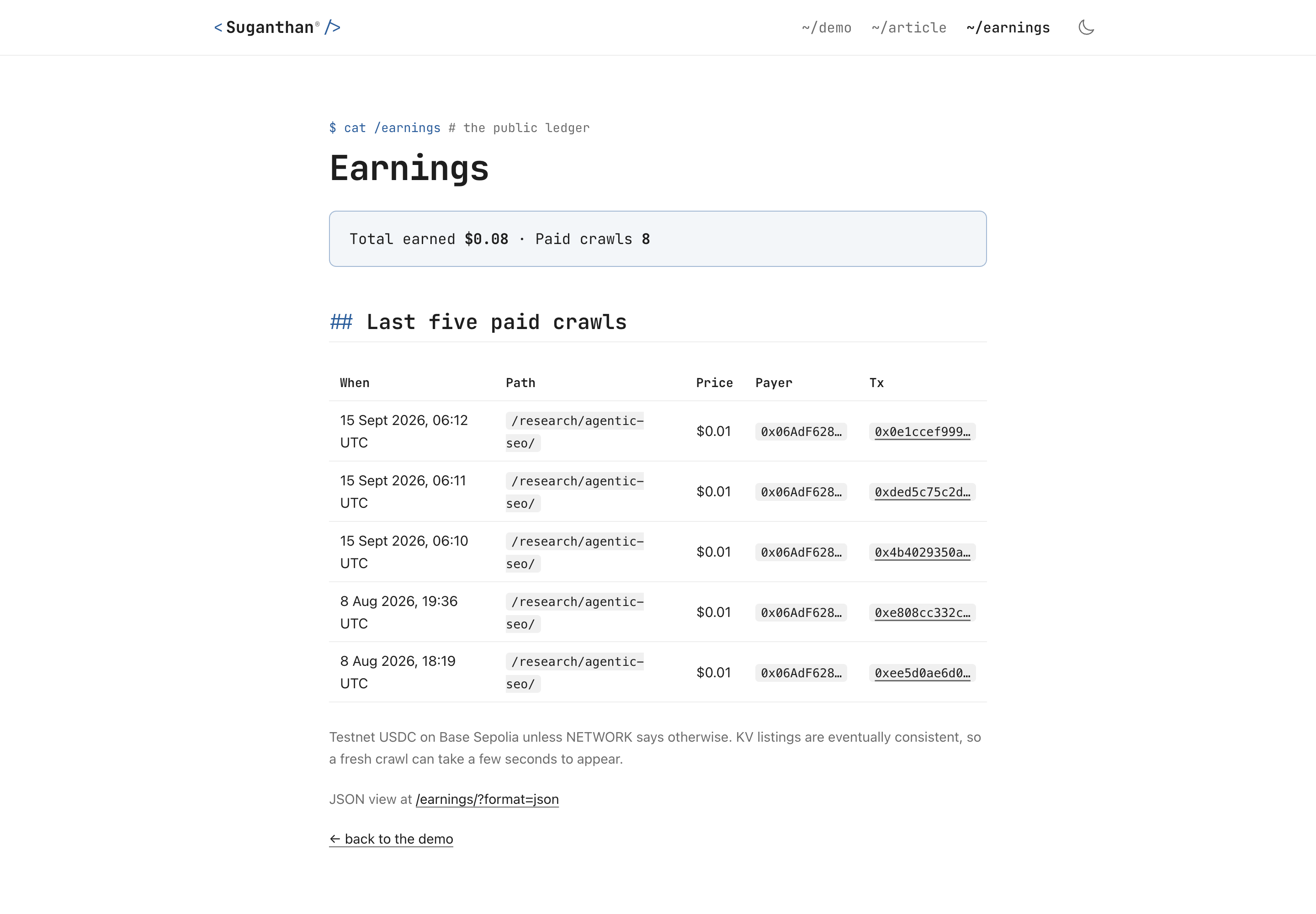 The public earnings page: total earned, paid crawl count, and the last five paid crawls with timestamps, payer addresses and transaction hashes