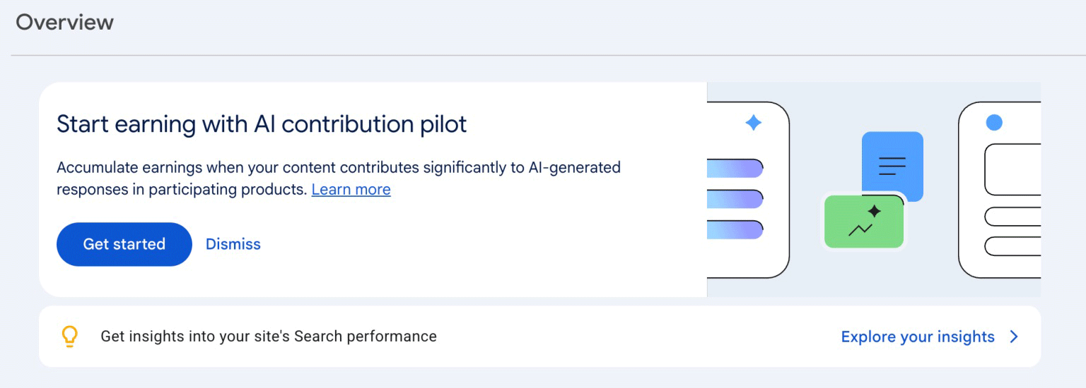 Search Console screen headed Start earning with AI contribution pilot, inviting the publisher to accumulate earnings when their content contributes significantly to AI generated responses