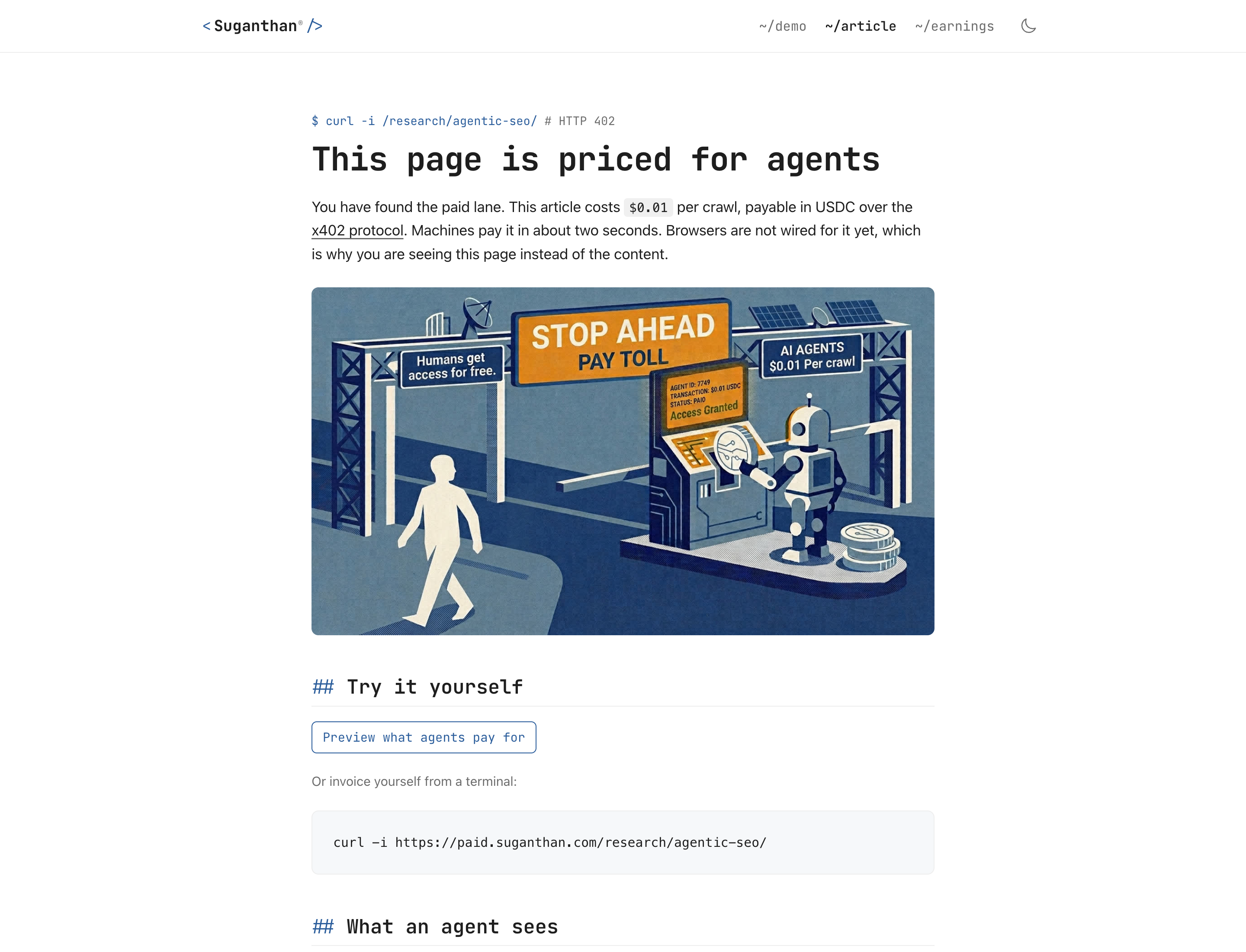 The paywall page a human sees at the priced URL: This page is priced for agents, the toll booth illustration, and a Preview what agents pay for button