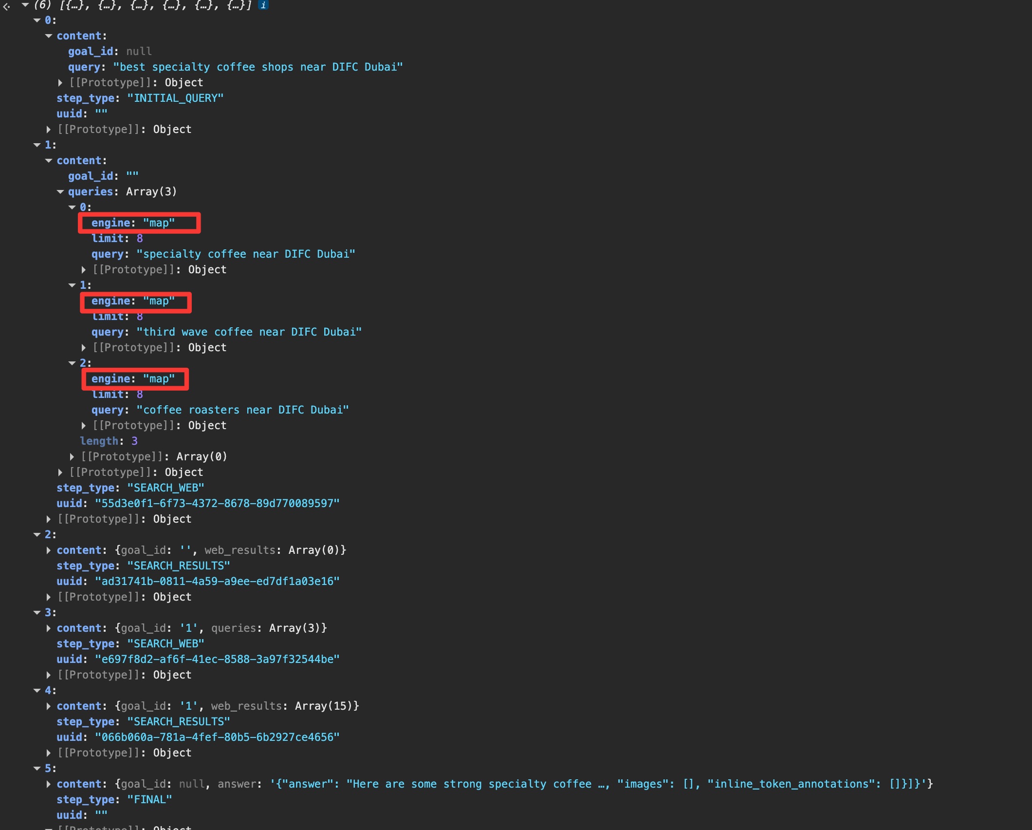 The local step log in DevTools, round 1 running 3 map-engine searches, highlighted, before the web round
