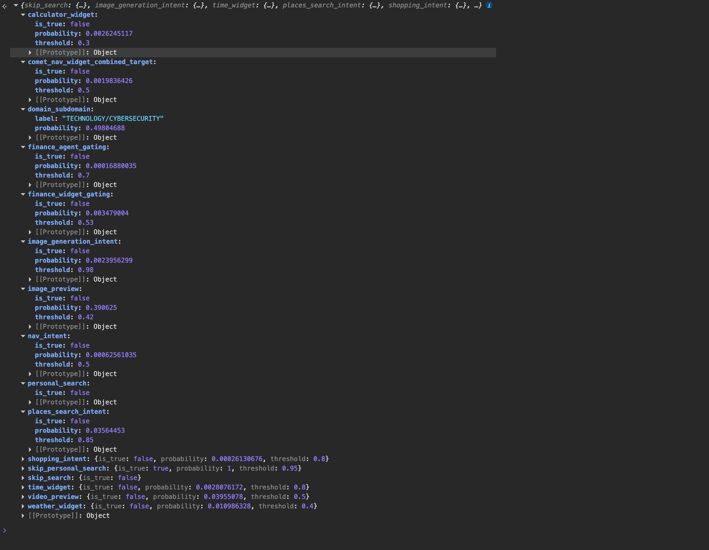 The mhe_predictions_full classifier expanded in DevTools, all 16 heads with probability, threshold and is_true, filed under TECHNOLOGY/CYBERSECURITY