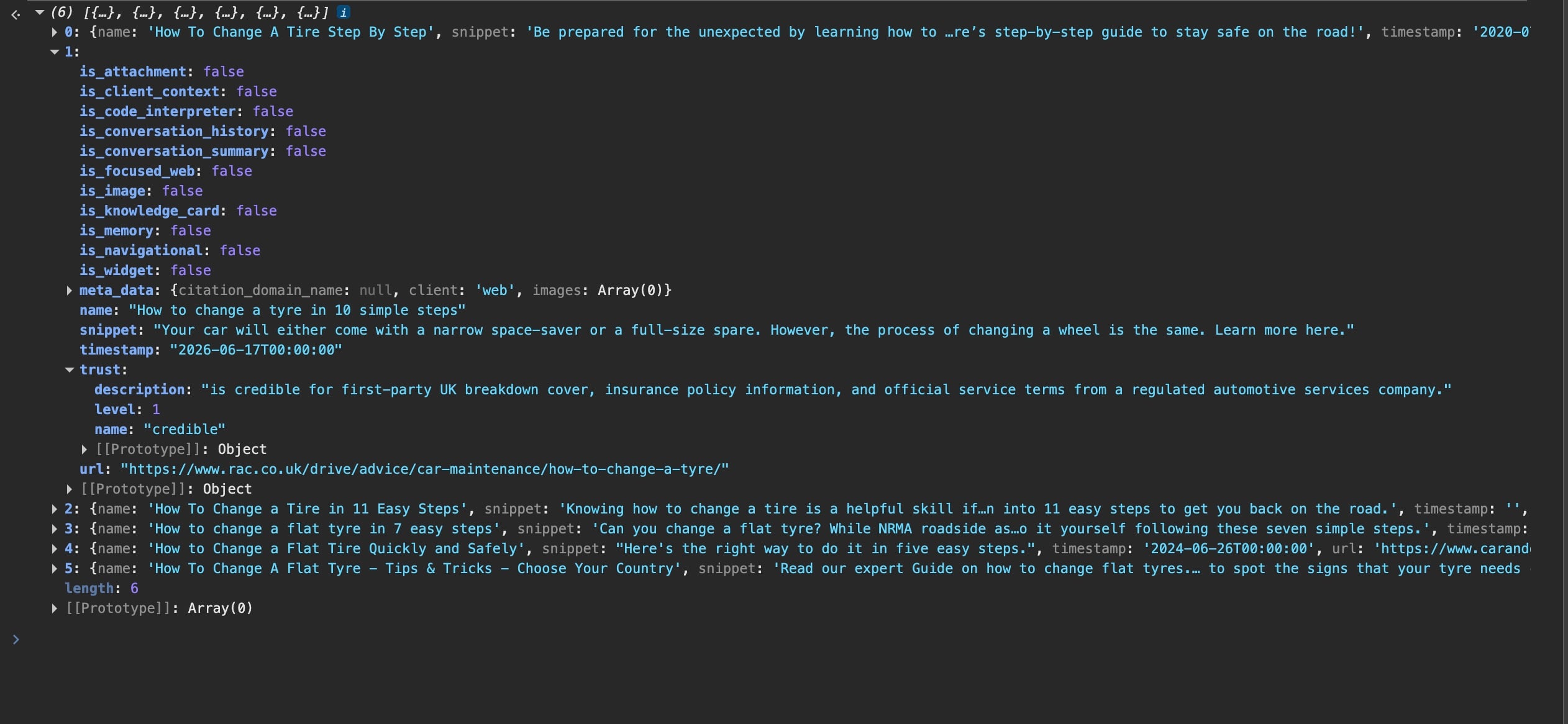 A web_results item in DevTools with the trust object expanded, level 1 credible and a first-party scope description for rac.co.uk