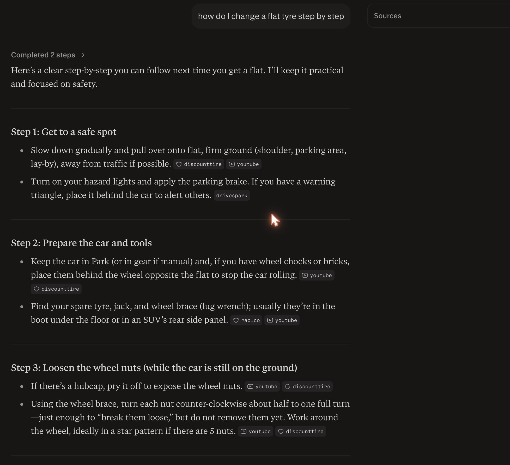 Perplexity's Study-mode answer for the flat tyre query, citing discounttire, YouTube and the RAC