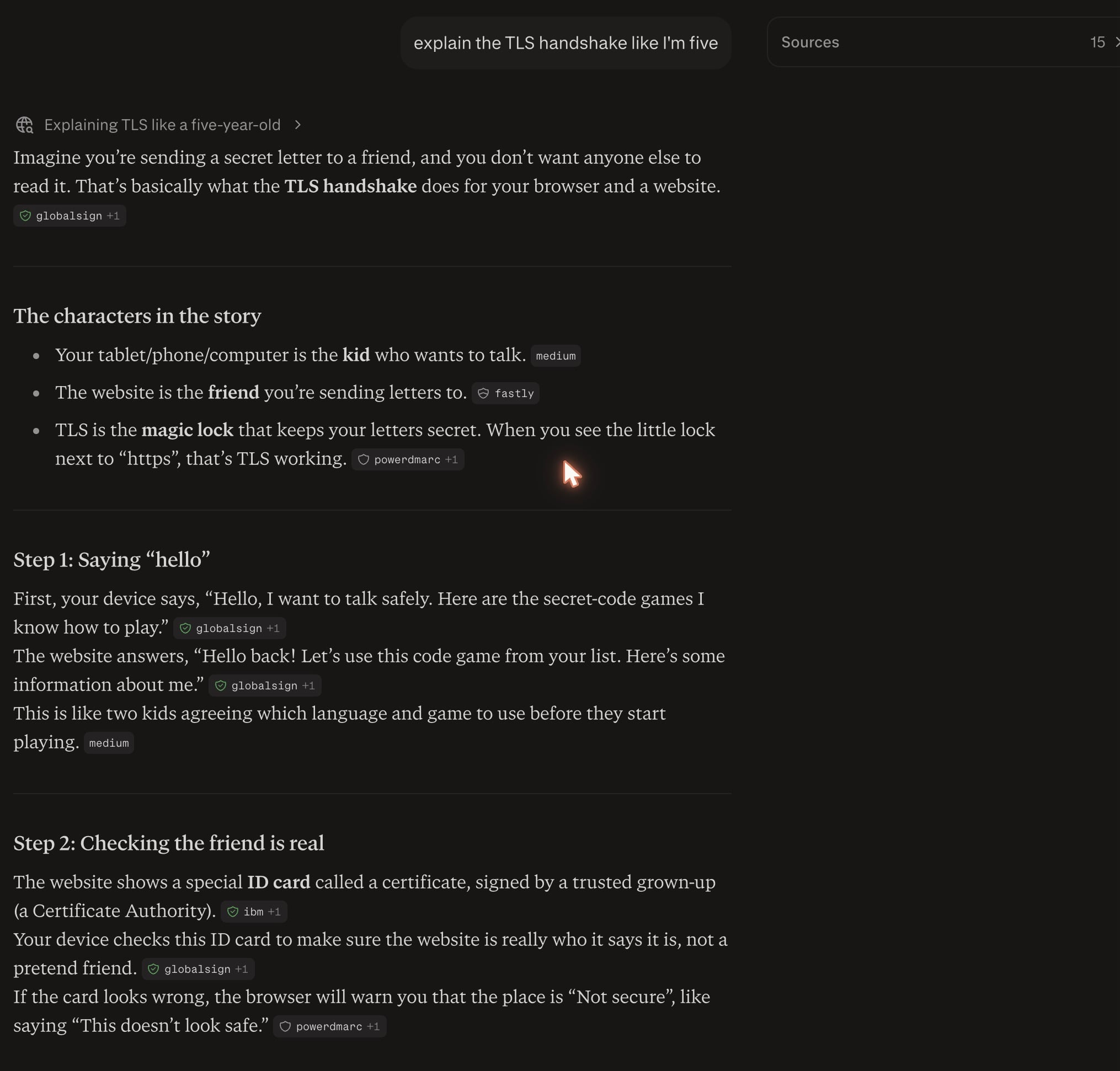 Perplexity's rendered answer for the TLS handshake query, with inline citation chips on each claim