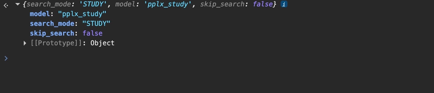 Console output showing search_mode STUDY, model pplx_study and skip_search false for the flat-tyre how-to