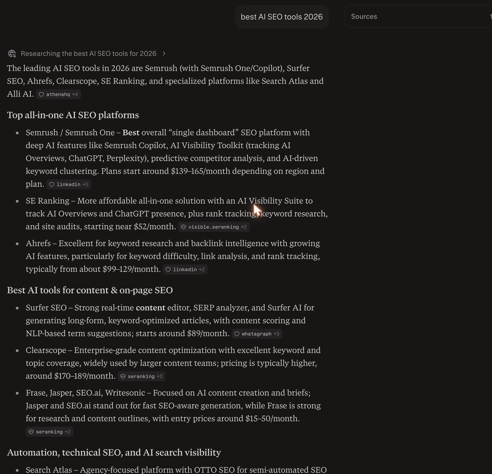 Perplexity's rendered answer for best AI SEO tools 2026