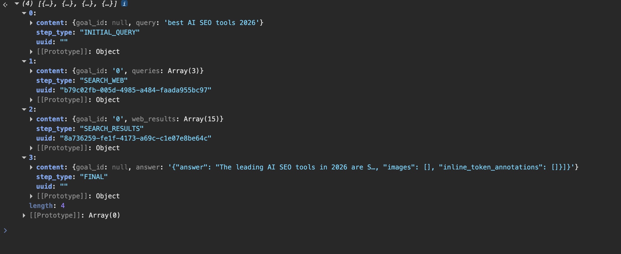 The 4-step log in DevTools, INITIAL_QUERY, SEARCH_WEB carrying 3 queries, SEARCH_RESULTS with 15 results, FINAL