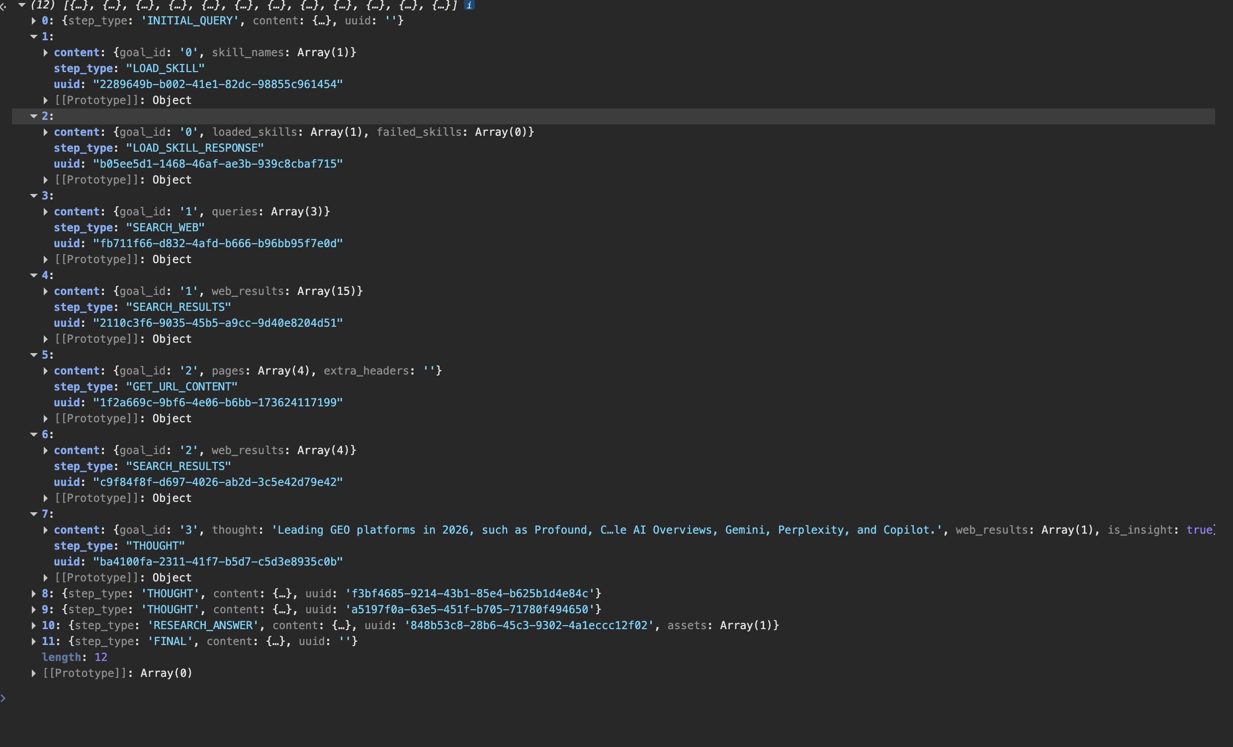 The Deep Research step log, LOAD_SKILL, SEARCH_WEB, GET_URL_CONTENT reading 4 pages in full, THOUGHT steps, RESEARCH_ANSWER