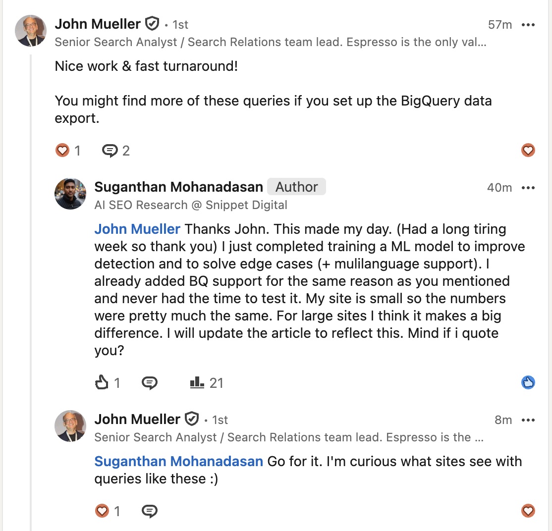 LinkedIn comment thread: John Mueller says nice work and suggests the BigQuery data export might surface more of these queries, Suganthan replies about training an ML model, and John says go for it