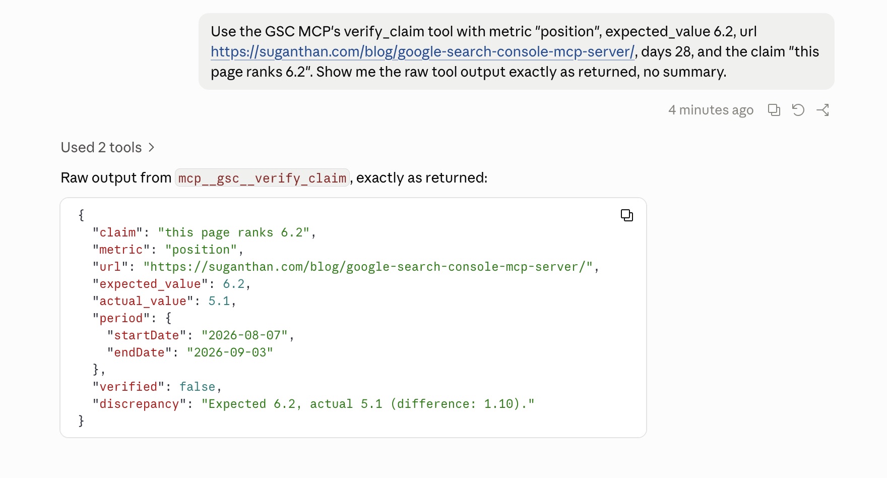 verify_claim output for the GSC MCP post, expected 6.2, actual 5.1, verified false