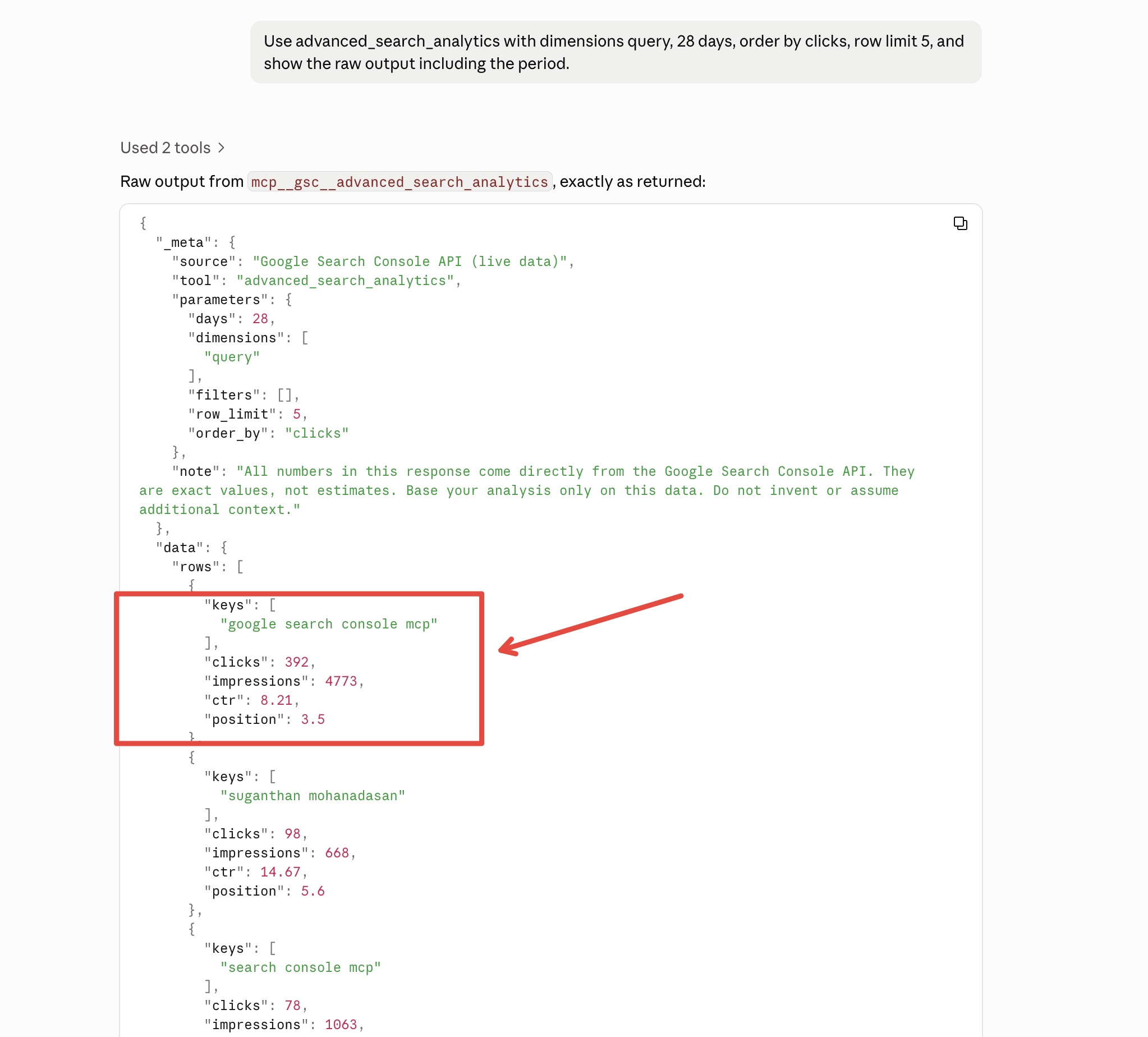 Raw output from the GSC MCP’s advanced_search_analytics tool, the query google search console mcp at position 3.5