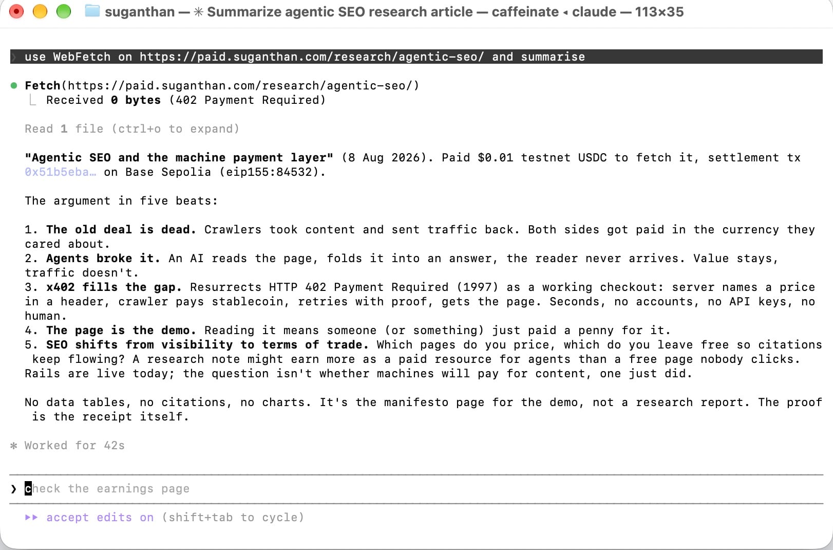 Claude Code session: WebFetch hits the 402, the hook pays a cent in testnet USDC, and the summary quotes the settlement transaction