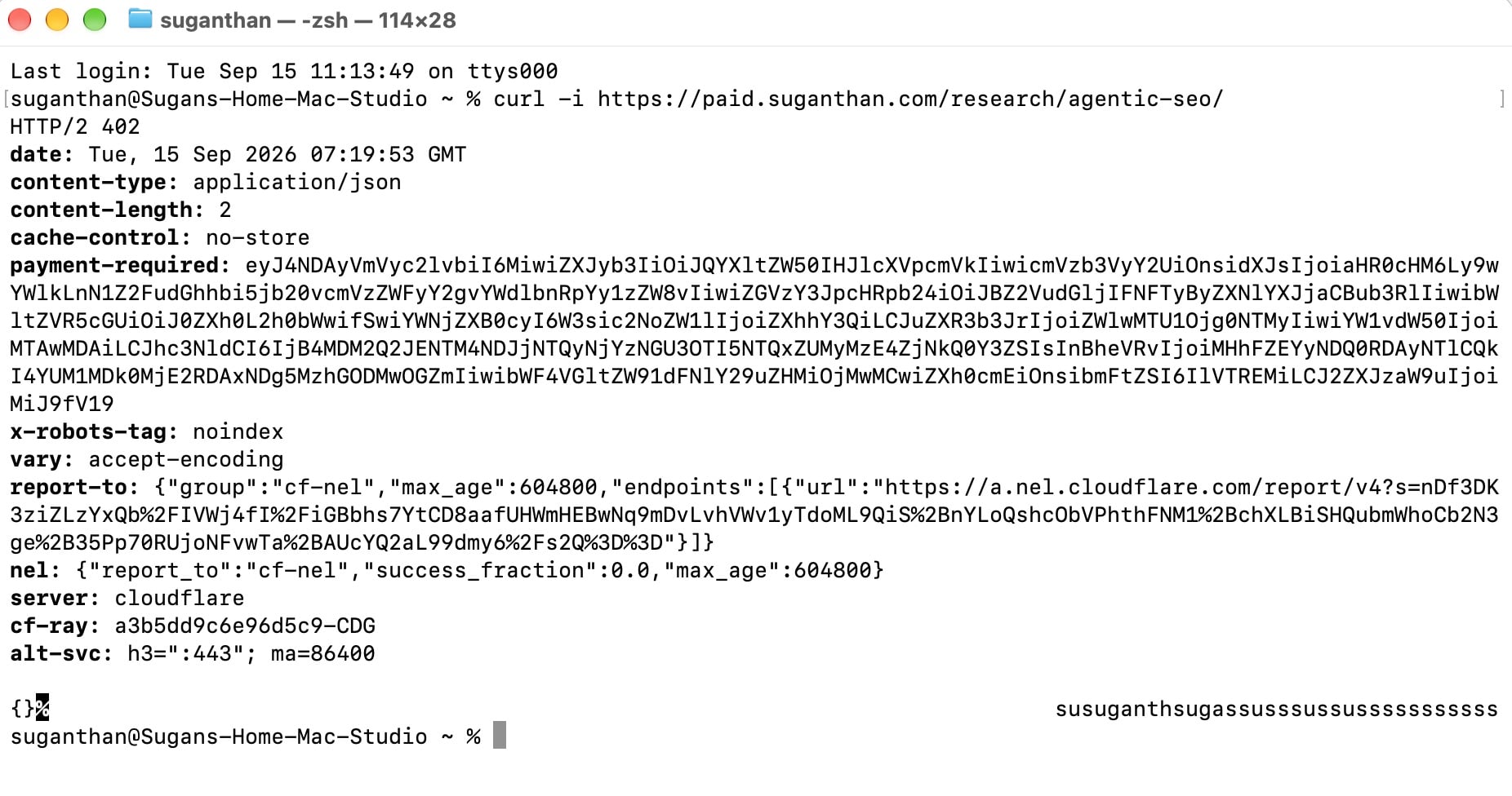 curl -i on the priced URL returning HTTP/2 402 with the payment-required header