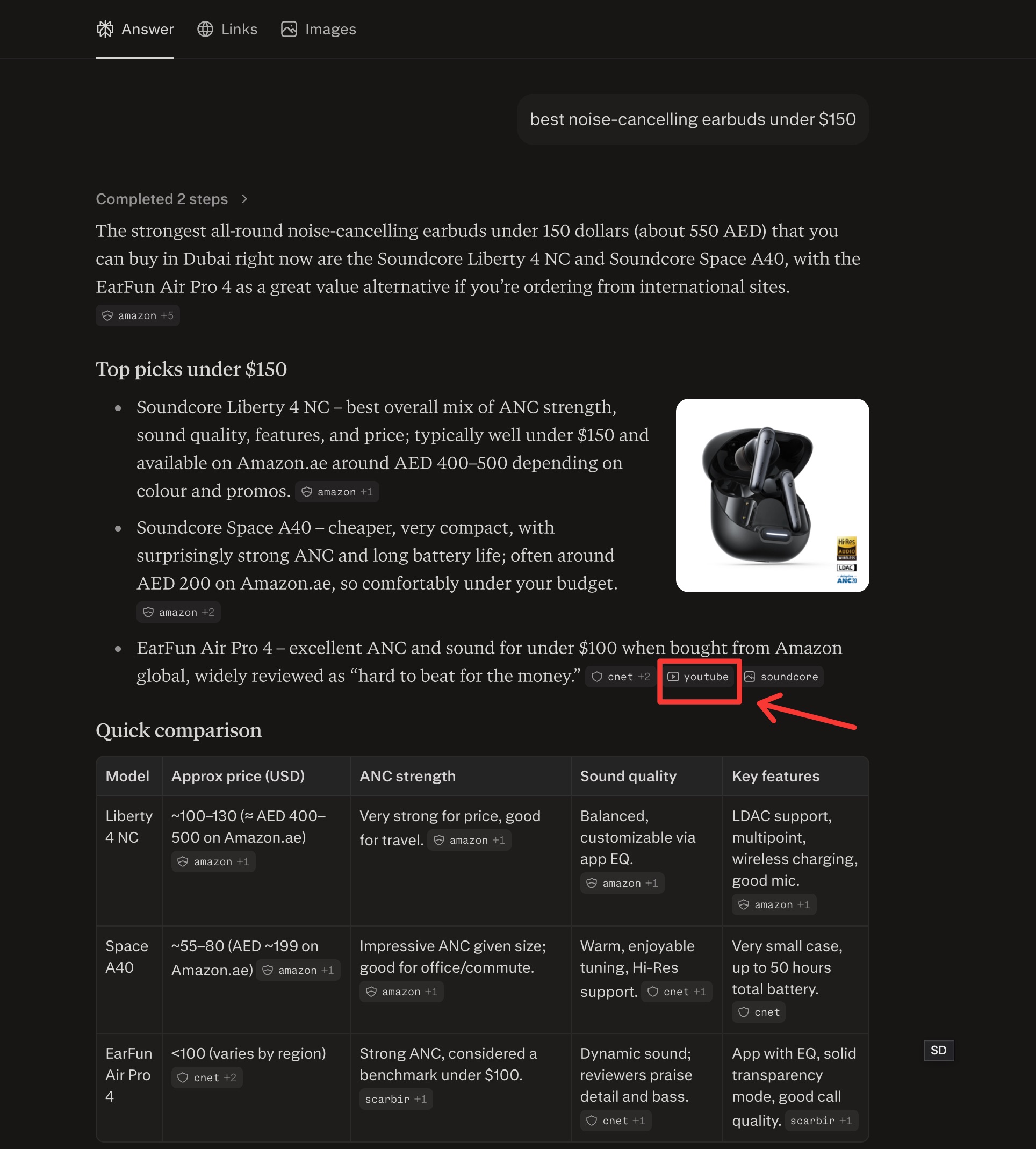 Perplexity's earbuds answer with the YouTube citation chip highlighted